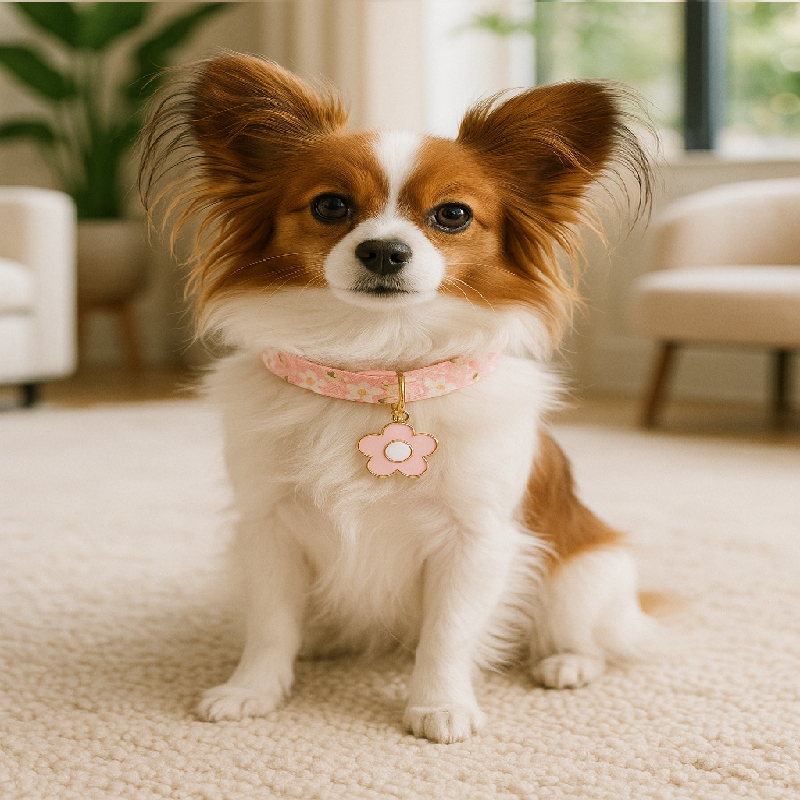 chien papillon avec collier chiot rose assis tapis