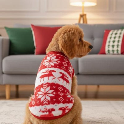 chien portant pull pour chien de noël assis devant fauteuil