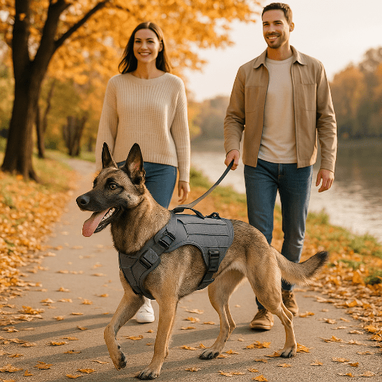 chien promenade fleuve avec harnais anti traction chien gris