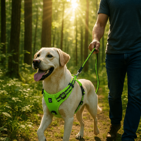 chien promenade foret harnais anti traction pour chien vert fluo