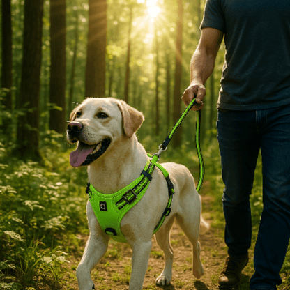 chien promenade foret harnais anti traction pour chien vert fluo