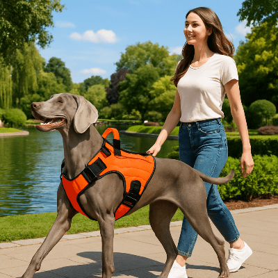 chien promenade parc avec femme harnais anti traction chien orange