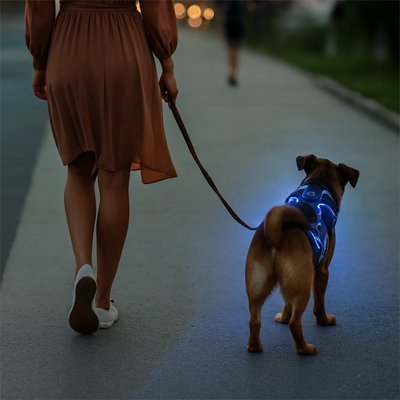chien promene avec sa maitresse harnais chien anti traction lumineux bleu