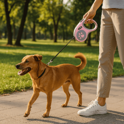 chien se promene avec laisse enrouleur rose au parc
