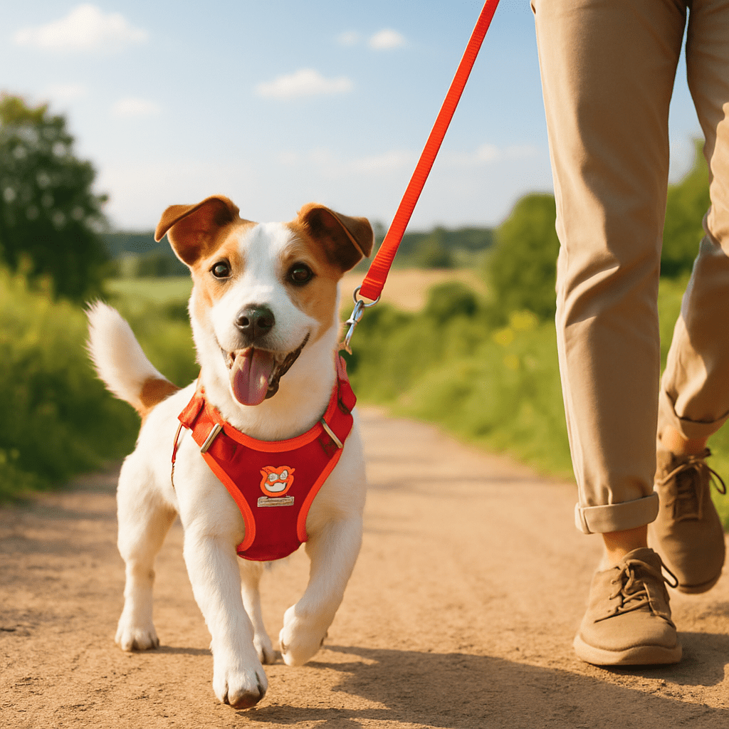 chien se promene avec son maitre harnais chien rouge