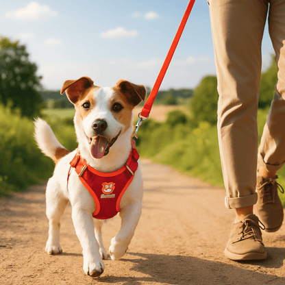 chien se promene avec son maitre harnais chien rouge