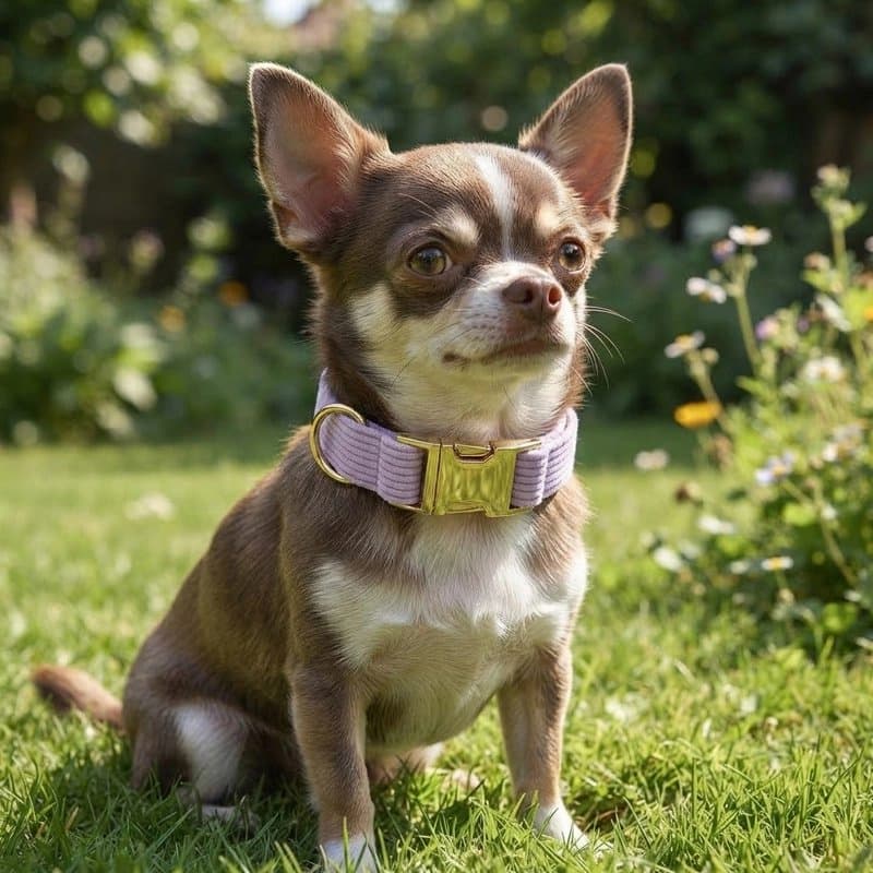 chihuahua assis dans jardin portant collier chien parme