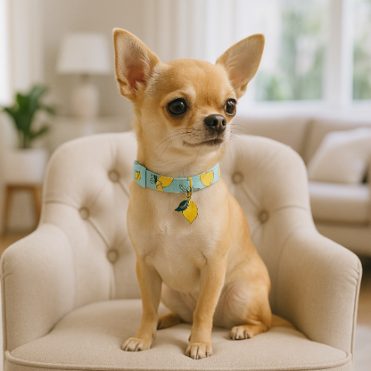 chihuahua assis fauteuil avec collier chiot motif citron