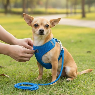 chihuahua assis sur herbe avec harnais chiot bleu