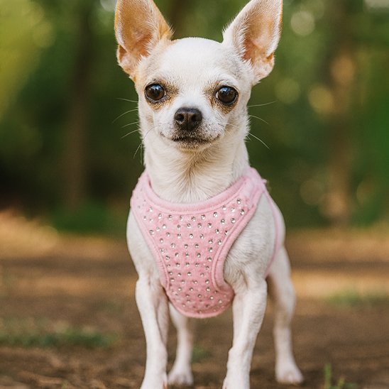 chihuahua debout avec harnais petit chien rose
