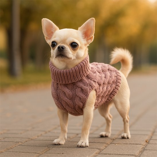 chihuahua debout dans parc avec pull pour chien prune 