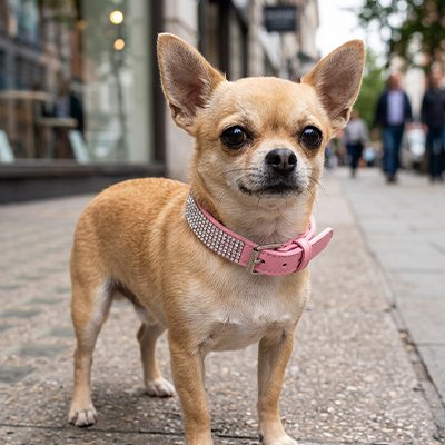 chihuahua en ville portant collier chien rose avec strass