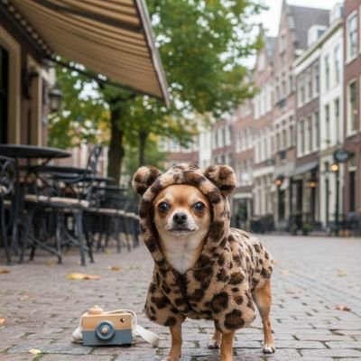 chihuahua en ville portant manteau chien leopard brun