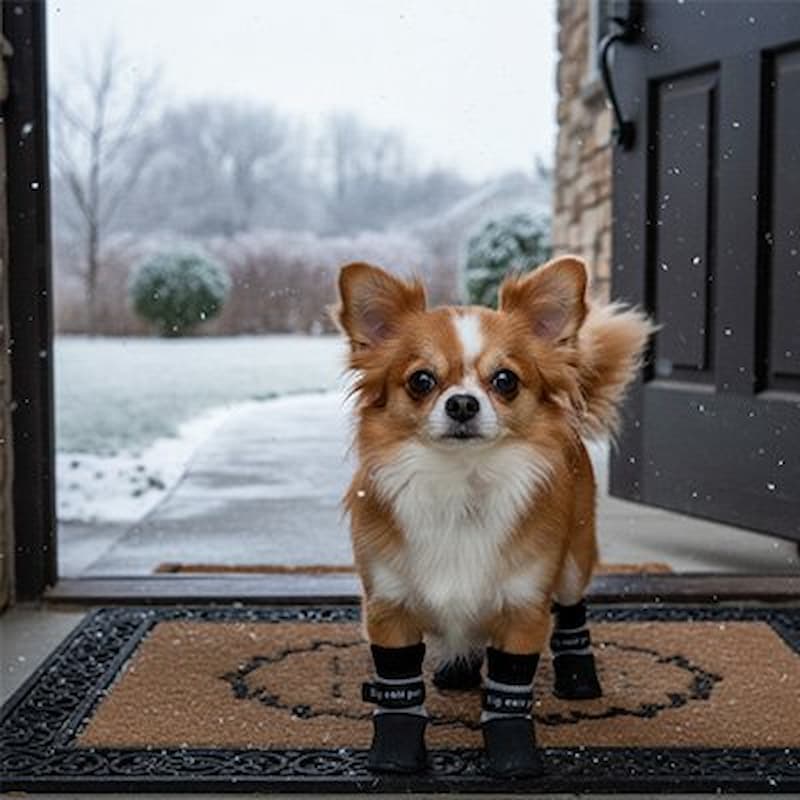 chihuahua portant chausson pour chien devant porte ouverte neige tombante