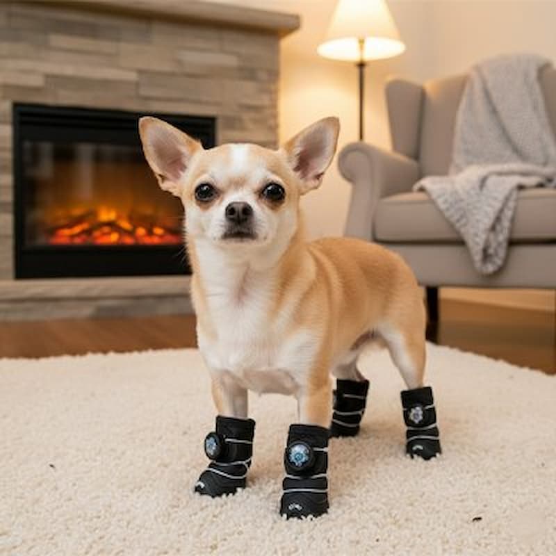 chihuahua portant chaussures pour chien noires devant cheminée salon
