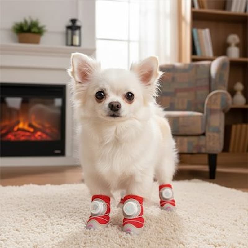 chihuahua portant chaussures pour chien rouges sur tapis salon
