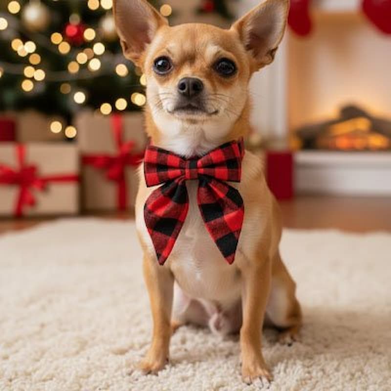 chihuahua portant collier chien nœud buffalo check assis devant sapin