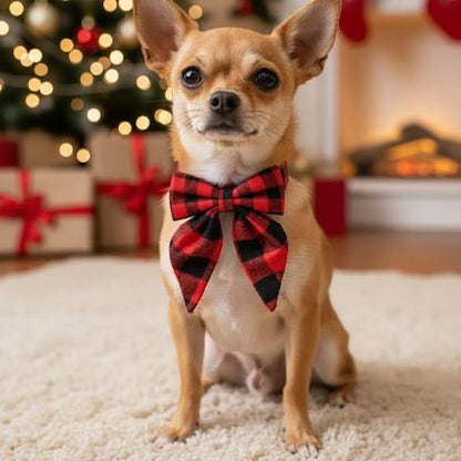 chihuahua portant collier chien nœud buffalo check assis devant sapin