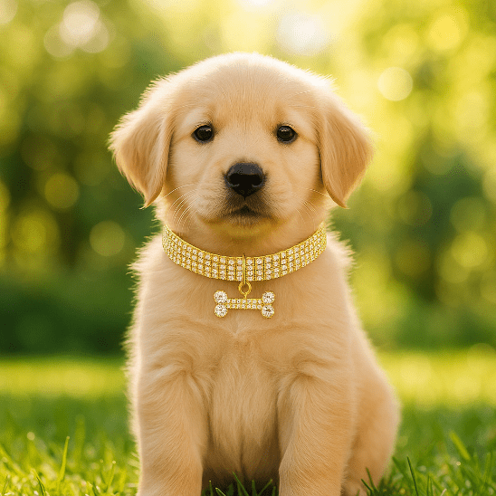 chiot assis dehors herbe avec collier chiot or