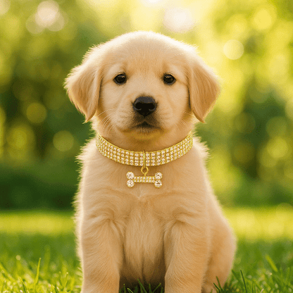 chiot assis dehors herbe avec collier chiot or