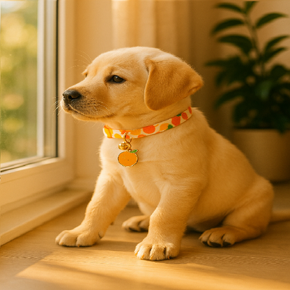 chiot assis devant fenetre collier chiot orange