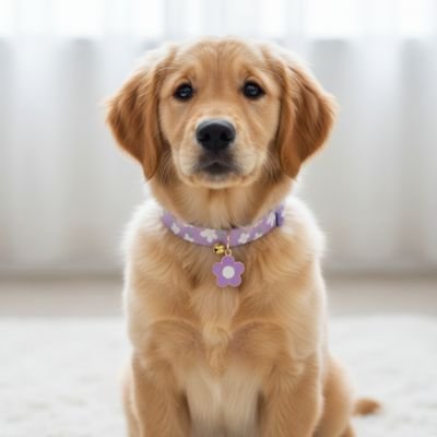 chiot assis sur tapis avec collier chiot fleur violette