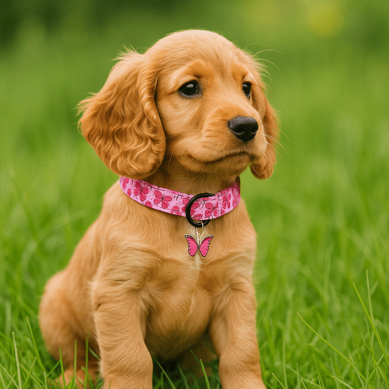 chiot cocker assis herbe collier chiot papillon