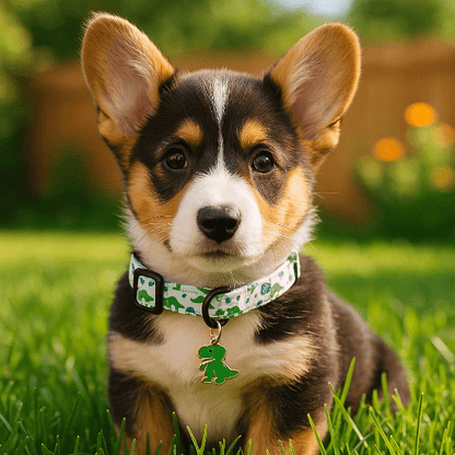 chiot corgi cardigan assis herbe collier chiot dinosaure vert