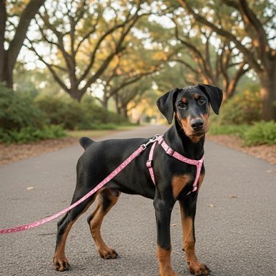 chiot dobermann promenade parc laisse pour chien rose harnais assorti
