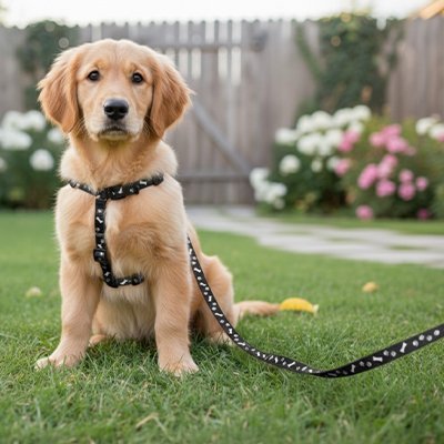chiot golden assis dans jardin avec laisse pour chien noir