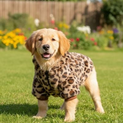chiot golden dans jardin portant manteau chien leopard