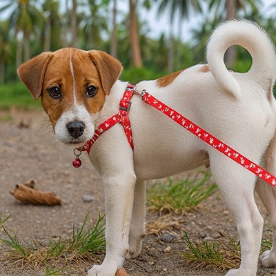 chiot jack russell avec laisse pour chien rouge harnais assorti