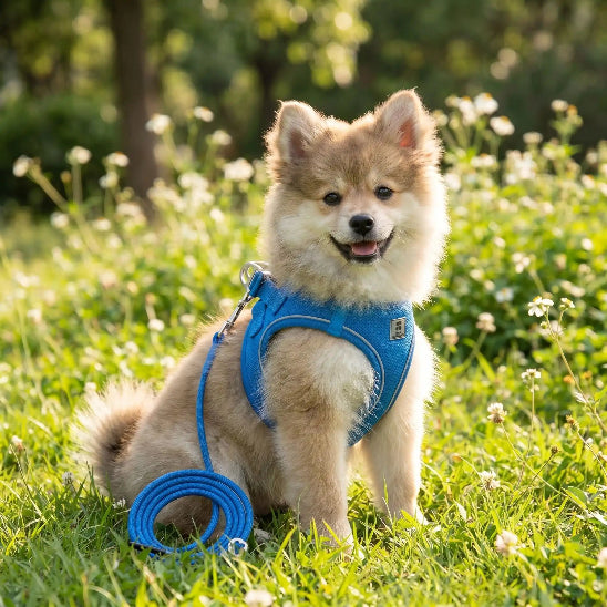 chiot spitz assis dans herbe portant harnais chiot bleu