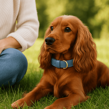 cocker allonge dans herbe collier chien bleu