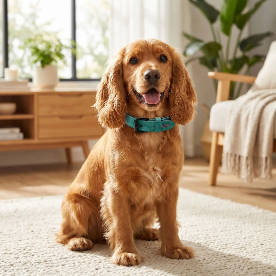 cocker assis salon portant collier pour chien vert emeraude