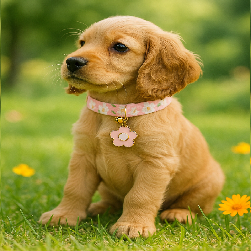 cocker chiot assis herbe fleurs jaunes collier chiot rose