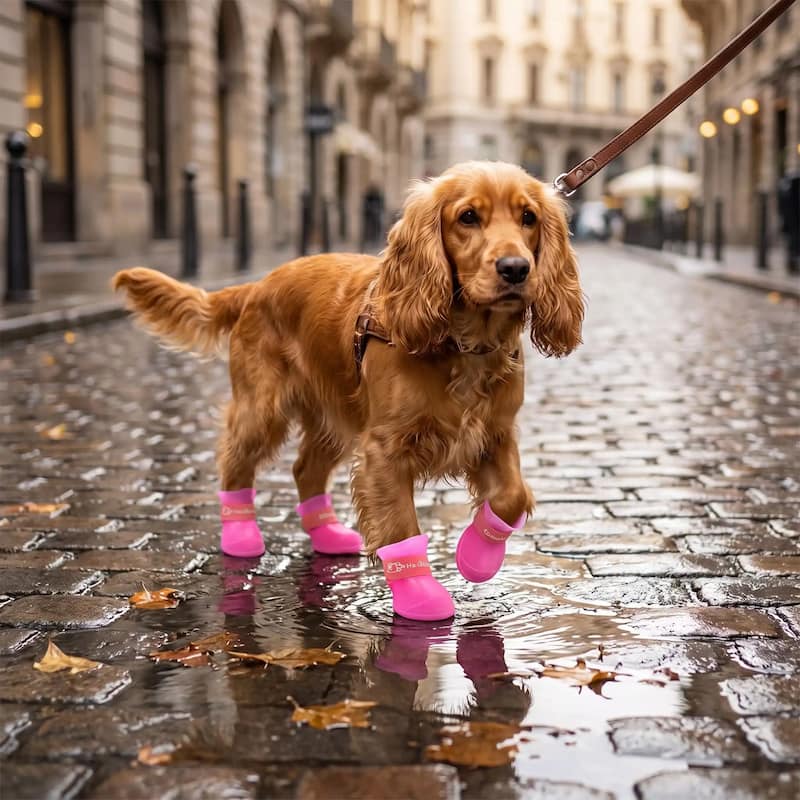 cocker marchant sur rue pavée mouillée avec bottes chien rose