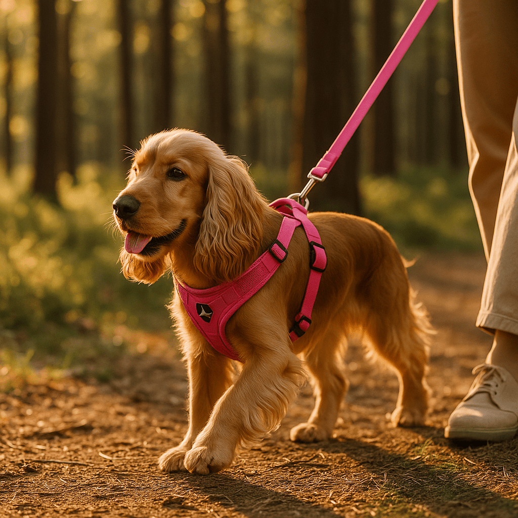 cocker se promene avec harnais anti traction chien rose