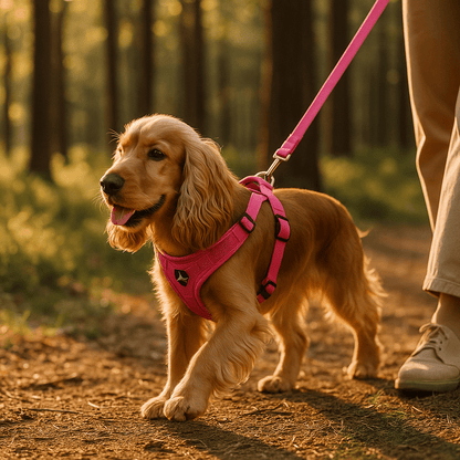 cocker se promene avec harnais anti traction chien rose