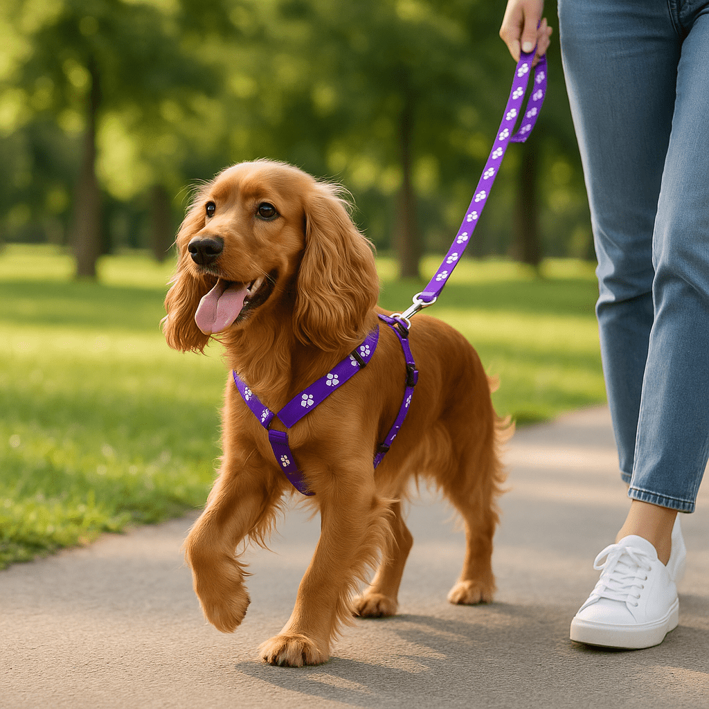 cocker se promene parc avec harnais chien violet