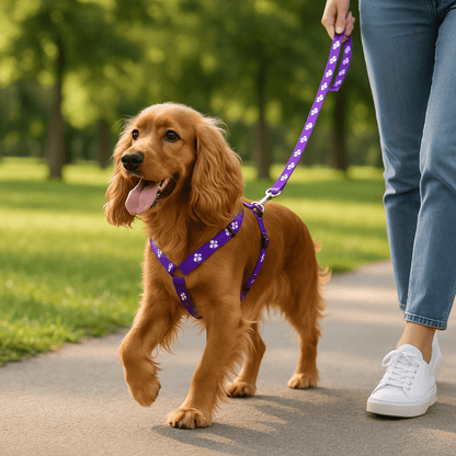 cocker se promene parc avec harnais chien violet