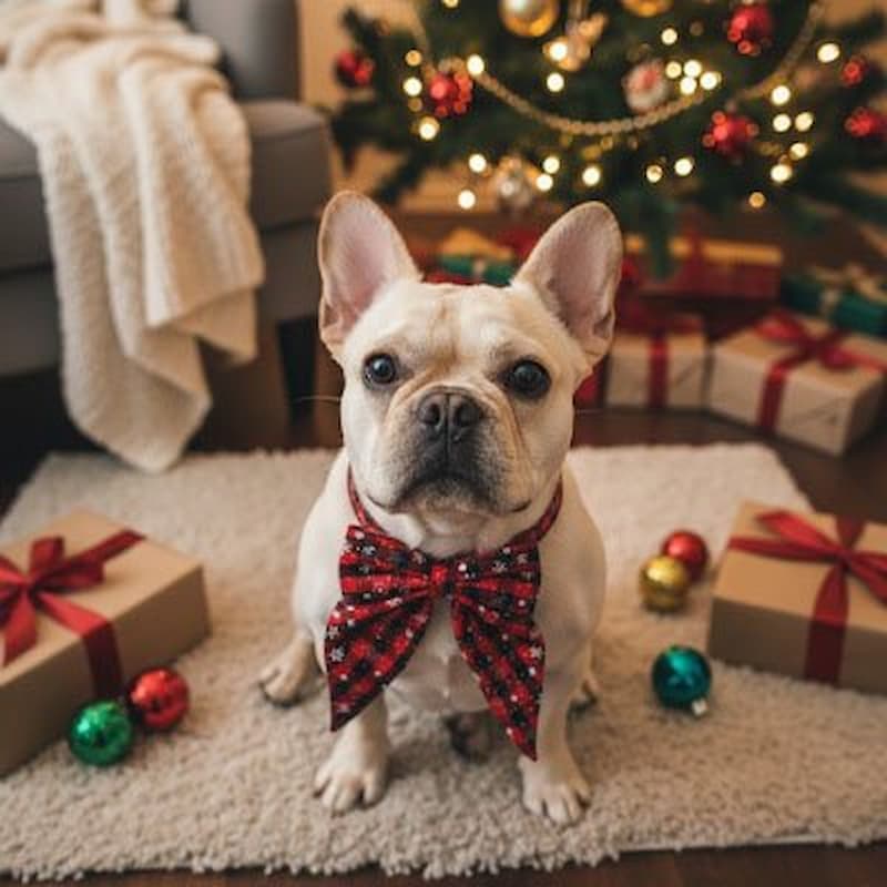 collier chien buffalo check bouledogue français devant sapin noël illuminé