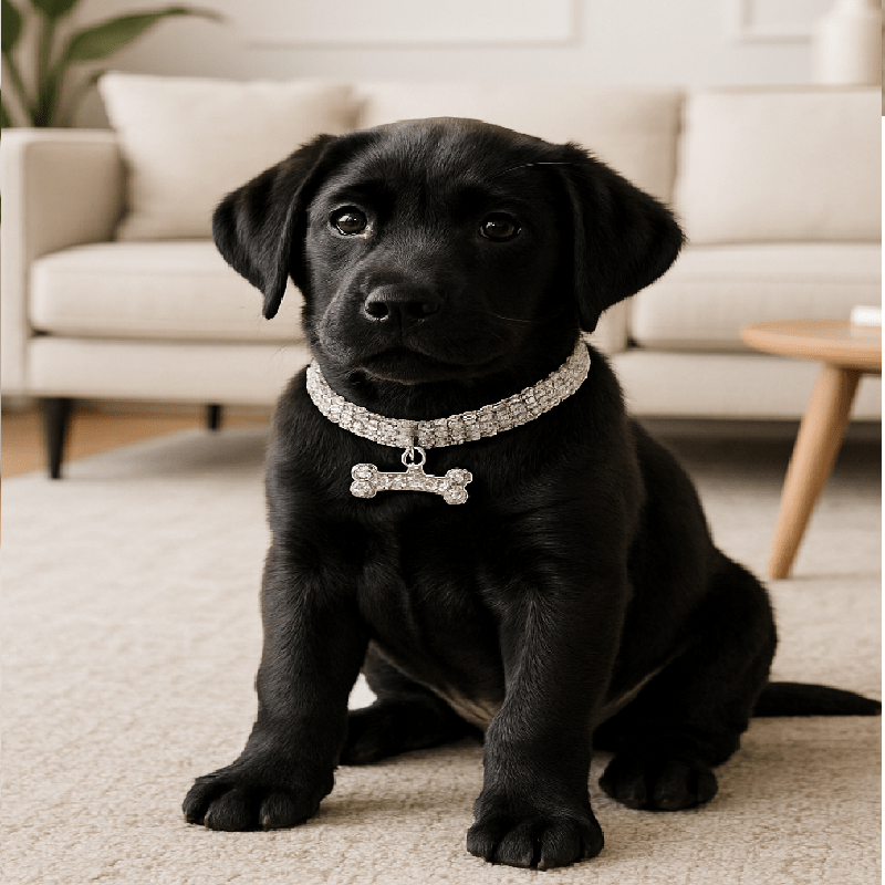 collier chiot argent sur chiot noir assis tapis salon