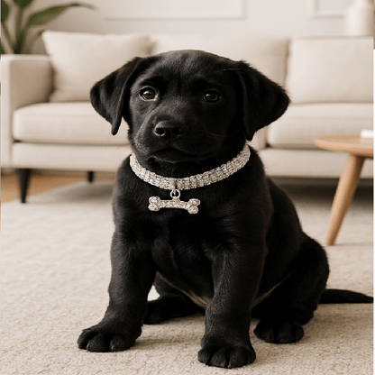 collier chiot argent sur chiot noir assis tapis salon
