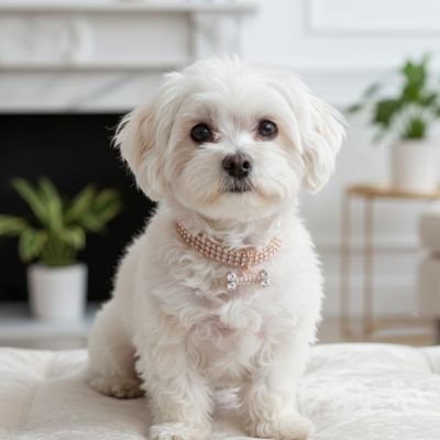 collier chiot or rose sur chien blanc assis salon