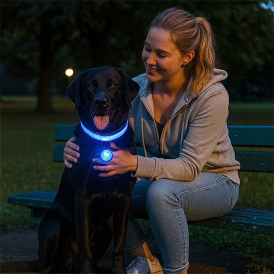 collier lumineux pour chien bleu chien noir assis femme parc