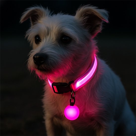 collier lumineux pour chien rose sur chien assis