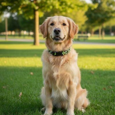 collier pour chien motif os sur golden retriever assis herbe
