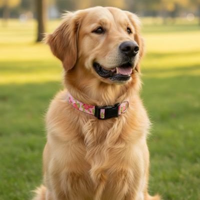collier pour chien motifs roses sur golden retriever assis