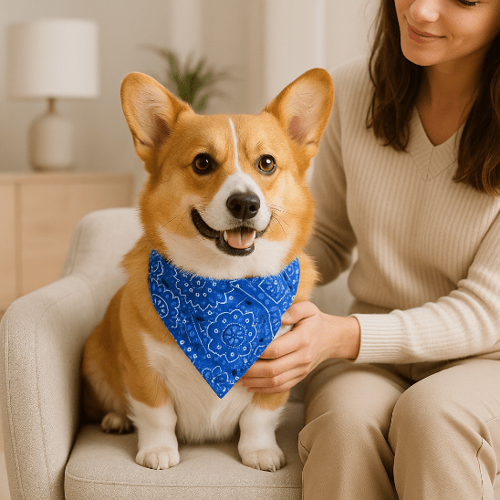 corgi assis fauteuil bandana chien bleu maitresse caresse